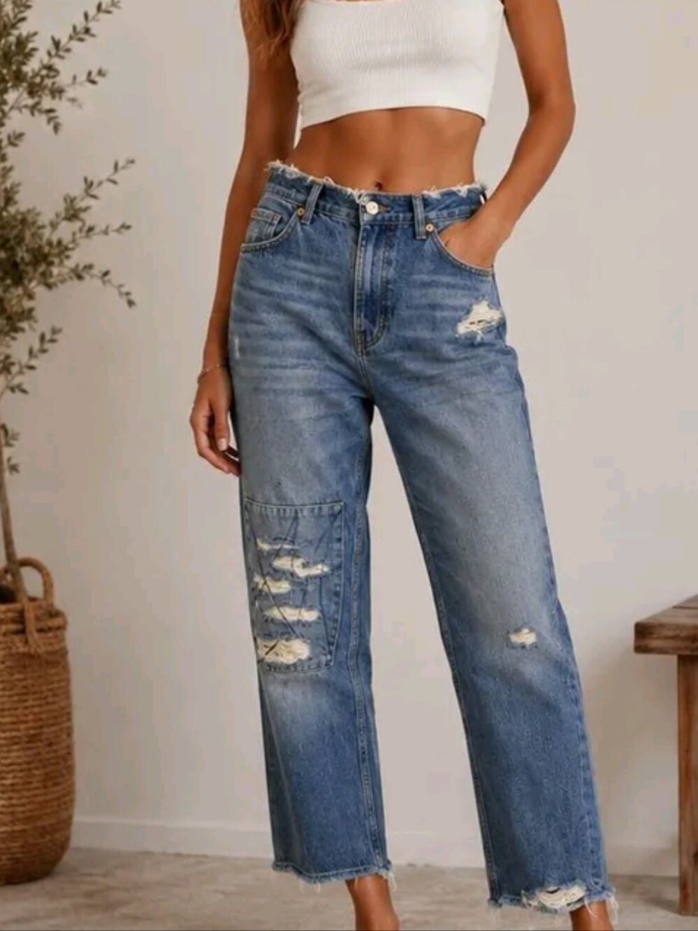 Free People Unique Distressed Blue Straight-Leg Jeans